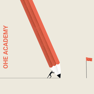 OHE Academy page cover- a person pushing a pencil to the finish line